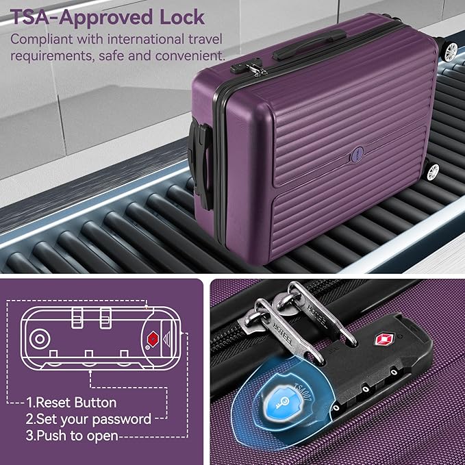 Hoteel Luggage Sets 3 Piece ABS+PC Hardside, 4-Year Warranty, Luggage Set with Spinner Wheels, TSA Lock, Lightweight Carry on Luggage, 20" Suitcase with Duffel & Organizer, Purple