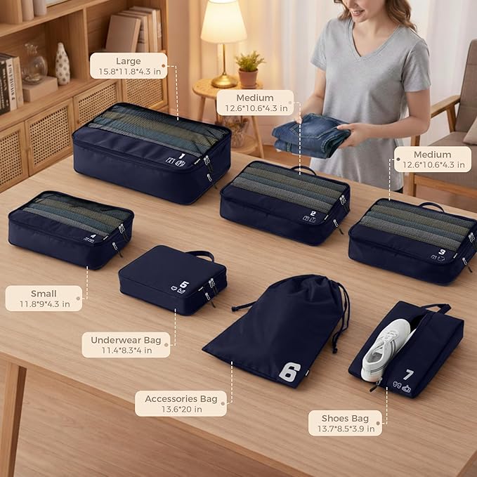 7 Set Compression Packing Cubes Travel Accessories Expandable Packing Organizers (Navy Blue)