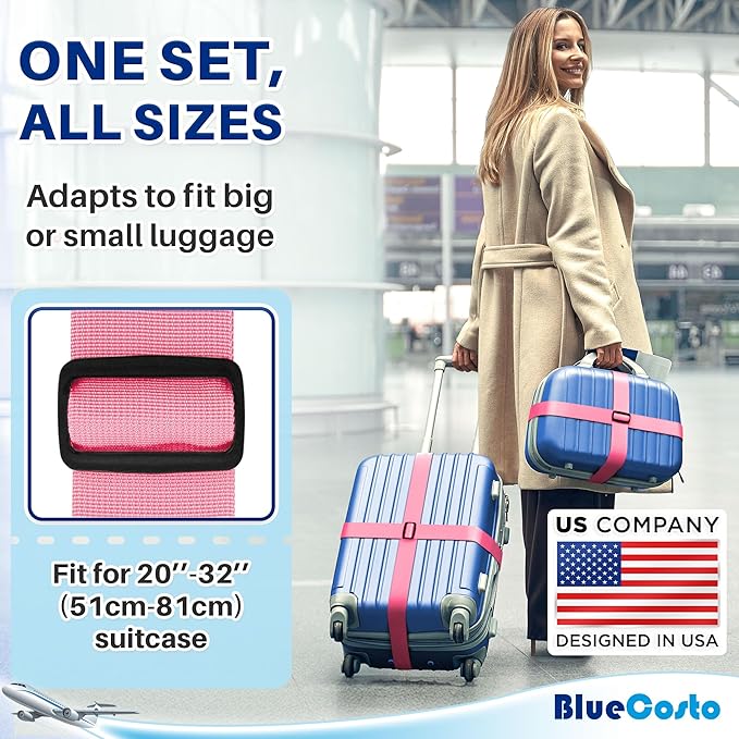 Luggage Straps for Suitcases - TSA Approved - Pink, 20 PK - Bulk Multipack Premium Nylon Belts for Suitcase, Briefcase & Travel Bag - Adjustable Strap Length 46" - 78"