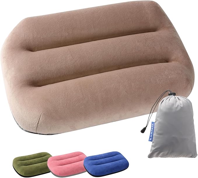 Ultralight Inflatable Camping Pillow for Sleeping – Soft Velvet Cover, Compact & Portable, Ergonomic Neck Support, Machine Washable Air Pillow, Perfect for Travel, Hiking, Backpacking – Brown