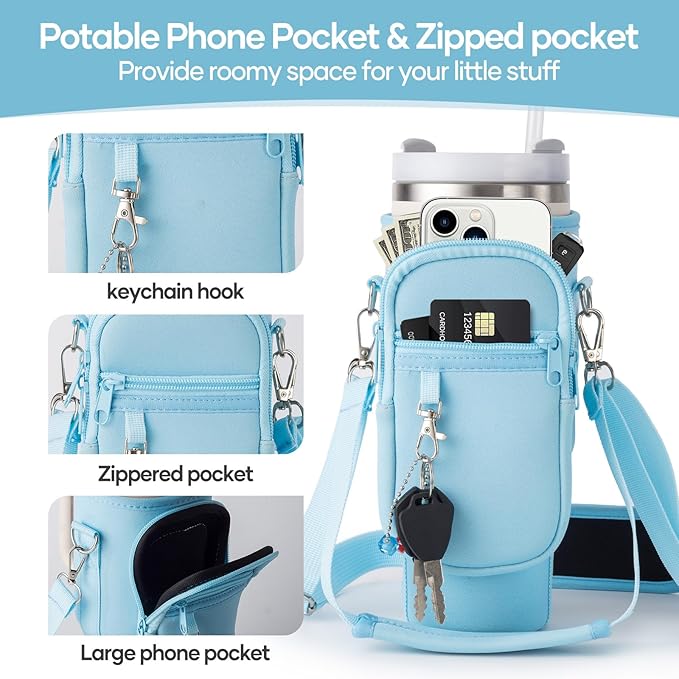 linmaya Water Bottle Carrier Bag for Stanley Cup 40/30oz with Phone Holder Pockets,Neoprene Water Bottle Cross-body Bag with Adjustable Shoulder & Hand Strap Stanley Cup Accessories