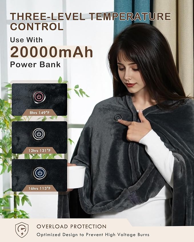 Cordless Heated Blanket Battery Powered; USB Wearable Portable Heated Throw Blanket with Hood, 20000 mAh Battery, 9 Heating Zone, 3-Level; Portable Heated Shawl Cordless; Camping (Warm Stone Gray)