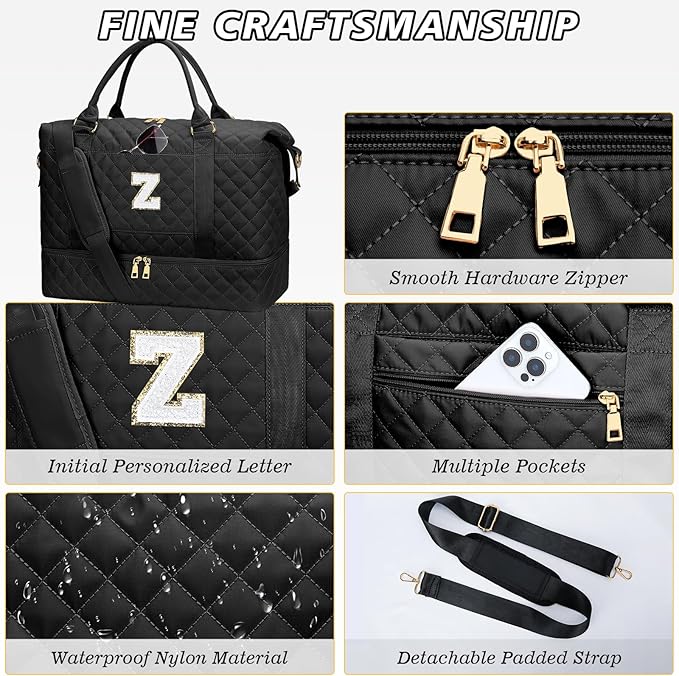 Gifts for Women Birthday Initial Travel Duffle Bag Quilted Weekender Bags Carry-On Overnight with Cosmetic Bag, Gym Bag with Shoe Compartment Hospital Bag for Women Labor Delivery, Black Z