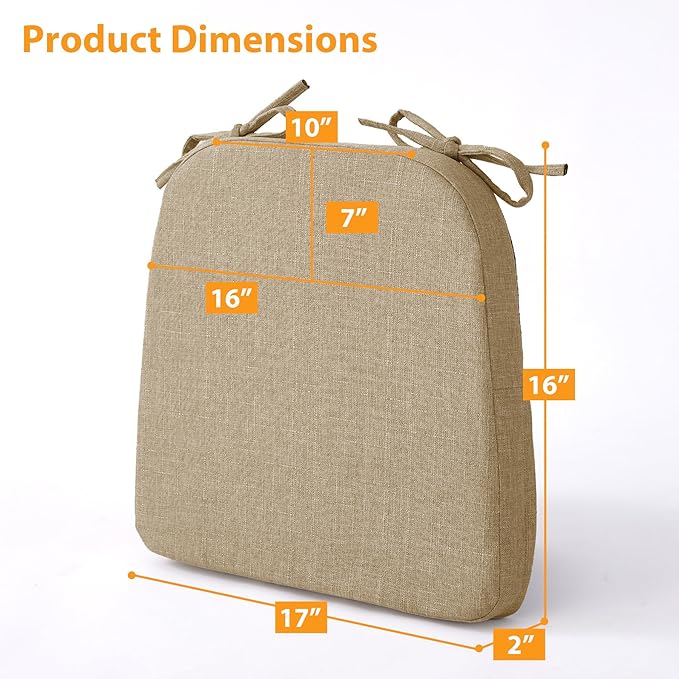 Chair Cushions for Dining Chairs, 2" Thick Seat Cushions for Kitchen Chairs, D-Shaped Chair Pads with Washable Cover, Ties and Non Slip Backing, 17'' x 16'', Set of 6, Khaki
