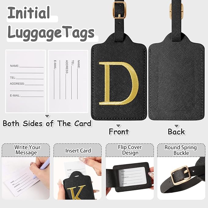 Initial Letter Luggage Tags for Suitcases, Embroidered Monogrammed Suitcase Luggage Identifier Name Tag, PU Leather TSA Approved Luggage Tags, Bag Tags for Men Women Kids Luggage Handbags(Black D)