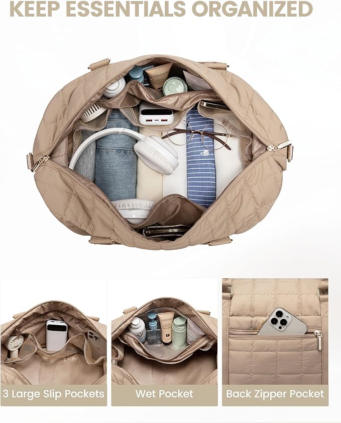 LOVEVOOK Puffer Weekender Bags for Women with Shoe Compartment, Carry On Overnight Bag, Gym Duffel Bag with Wet Pocket, 2Pcs Set