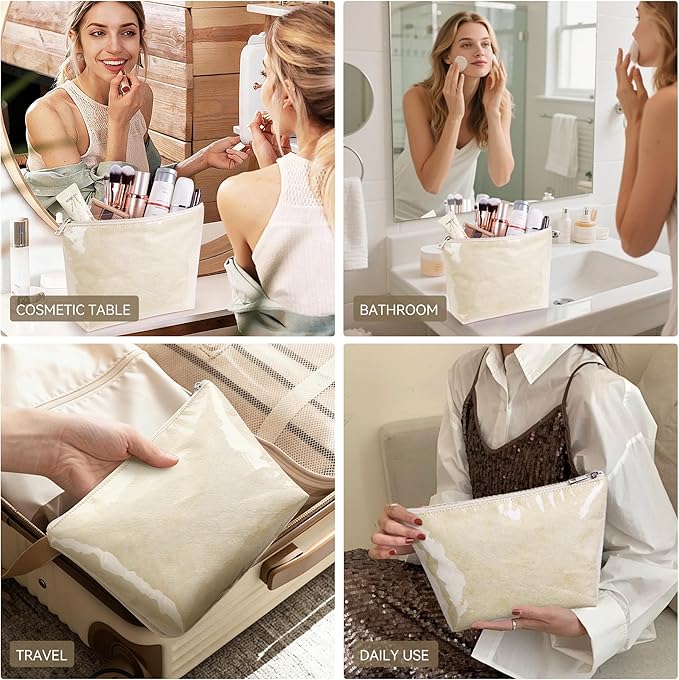 WLLWOO PVC Waterproof Makeup Bag Kraft Paper Cosmetic Bag Travel Toiletry Zipper Pouch Organizer for Women Purse
