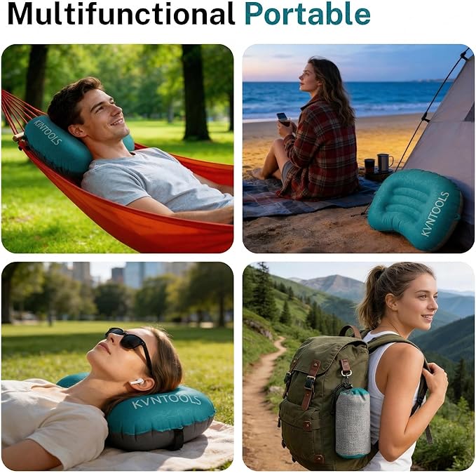 Camping Pillow-Compressible, Ultralight Inflatable,Compact, Comfortable, Ergonomic Inflating Pillows for Neck & Lumbar Support While Camp, Hiking(Grain Blue,with Anti Slip Straps)