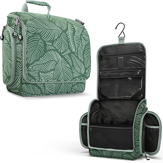 VENTURE 4TH Hanging Travel Toiletry Bag for Women & Men – Large Toiletry Organizer with 17 Compartments, Removable TSA Pouch, Travel Wash Bag for Toiletries, Makeup & Shaving Kit (Green Leaves)