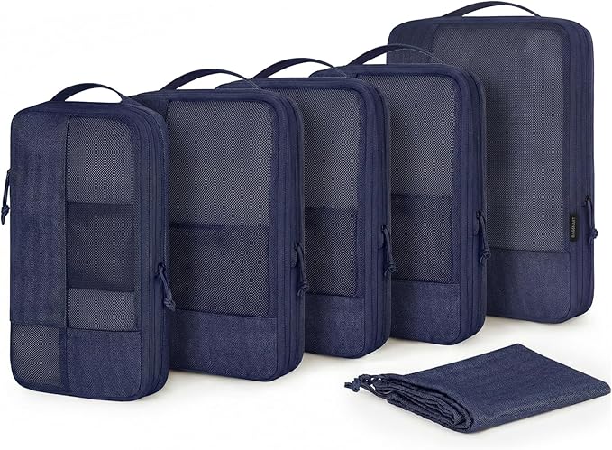 BAGSMART Compression Packing Cubes for Travel, 6 Set Packing Cubes for Carry on Suitcases, Compression Travel Cubes & Suitcase Organizer for Packing with Shoe Bag Navy Blue