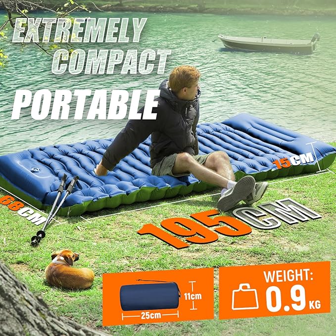 Camping Sleeping Pad,with Foot Pump and Pillow – Ultralight Compact Sleeping Mat for Backpacking, Hiking, Tent – Portable Single Inflatable Mattress for Outdoor
