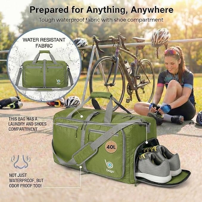 Bago Compact Duffle Bag for Travel Women & Men. Durable Lightweight Foldable Travel Duffel Bags For Traveling Women. 40L Duffle Bags a Reliable Weekender duffel or Overnight Bag With Shoe Compartment