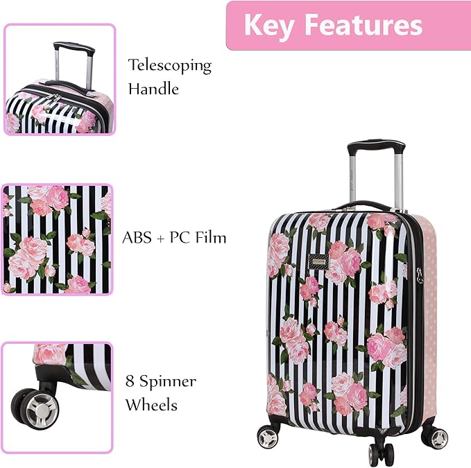 Betsey Johnson Designer 20 Inch Carry On - Expandable (ABS + PC) Hardside Luggage - Lightweight Durable Suitcase With 8-Rolling Spinner Wheels for Women (Stripe Roses)