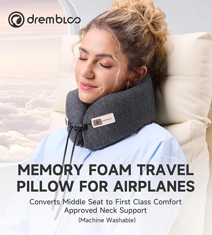 Neck Pillow Airplane, 100% Pure Memory Foam, Comfortable Breathable Cover, Travel Pillows for Airplanes, Ergonomic Design, Neck Pillow for Traveling, Airplane Pillow Flight Train, Black