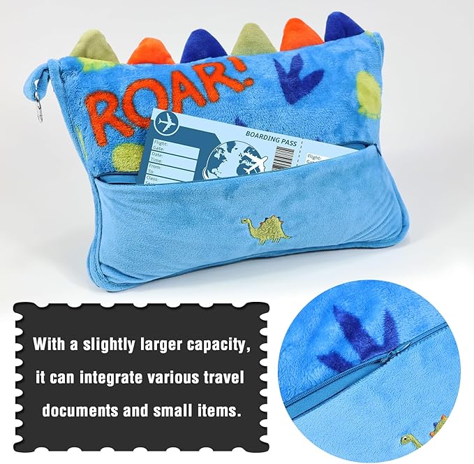 3 in 1 Travel Pillow and Blanket Set for Kids,Soft Travel Blanket Airplane Campact with Bag,Pillow Blanket for Boys with a Pocket,Backpack Clip, Luggage Sleeve (Dinosaur)