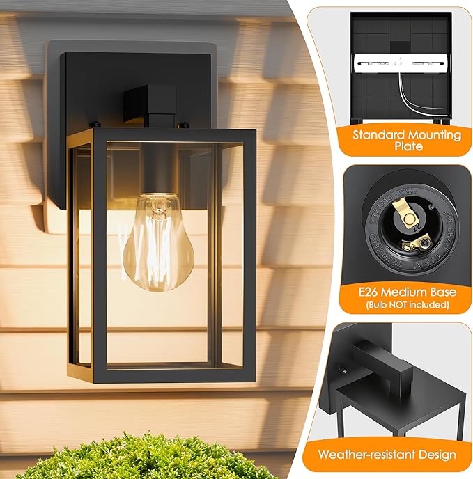 Outdoor Wall Lantern, Waterproof Exterior Wall Sconce Light Fixture, Black Front Door Lamp, Anti-Rust E26 Socket Porch Lighting