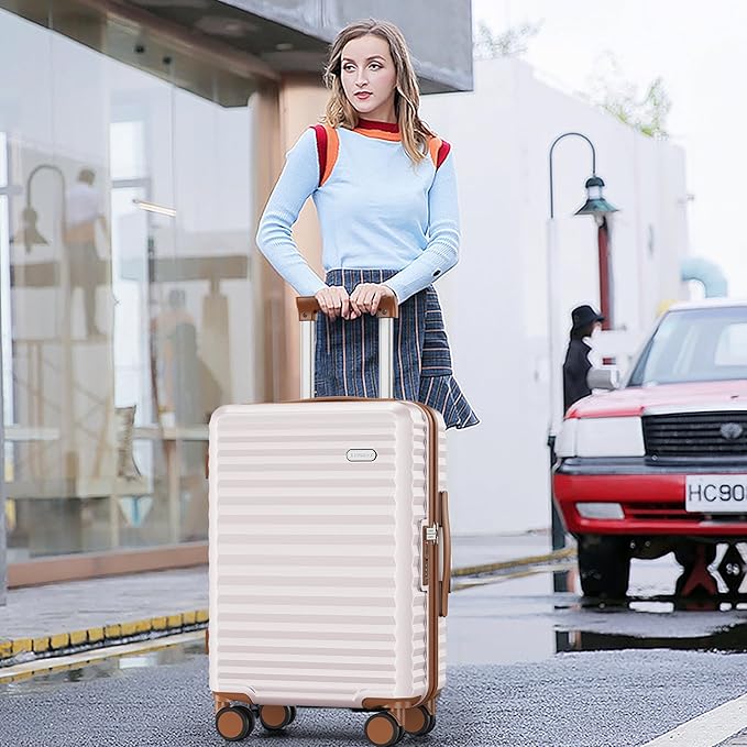 SHOWKOO Suitcase Hardside Expandable Luggage Set, Suitcase with Double Spinner Wheels TSA Lock 3 Piece Set Beige White (DB/TB/24in)