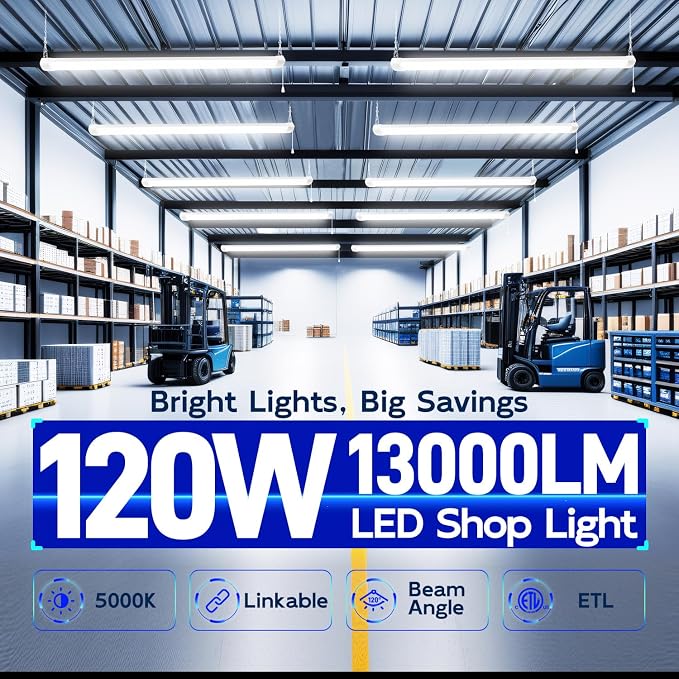 hykolity 4FT 120W LED Shop Light Linkable,13000LM(400w Equivalent) | 5000K Utility Shop Lights for Garages, Workshop, Basements, Hanging or FlushMount, with Power Cord and Pull Chain,ETL,2 Pack