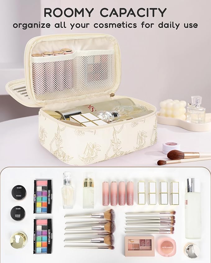 Relavel Travel Makeup Bag, Small Floral Cosmetic Bag with Makeup Brush Compartment, Portable Makeup Pouch for Women, Double Layer Cute Toiletry Organizer Bag, Lily Floral