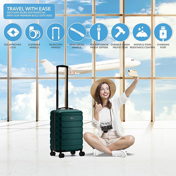 Flight Knight 22x14x9" Expandable Carry On Suitcase Hardside TSA Lock USB C Port Lightweight Luggage Silent Double Spinner Wheels Maximum Overhead Carry-On Bag For American & United Approved Airlines