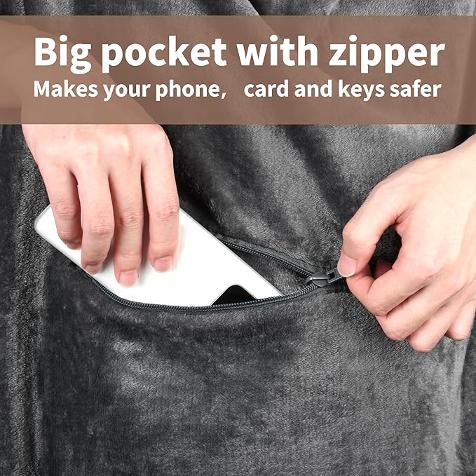 Tirrinia Travel Portable Blanket with Feet Pocket Airplane Office Poncho 4 in 1 Zippered Front Pocket Premium Cozy Fleece Blankets with Built-in Bag