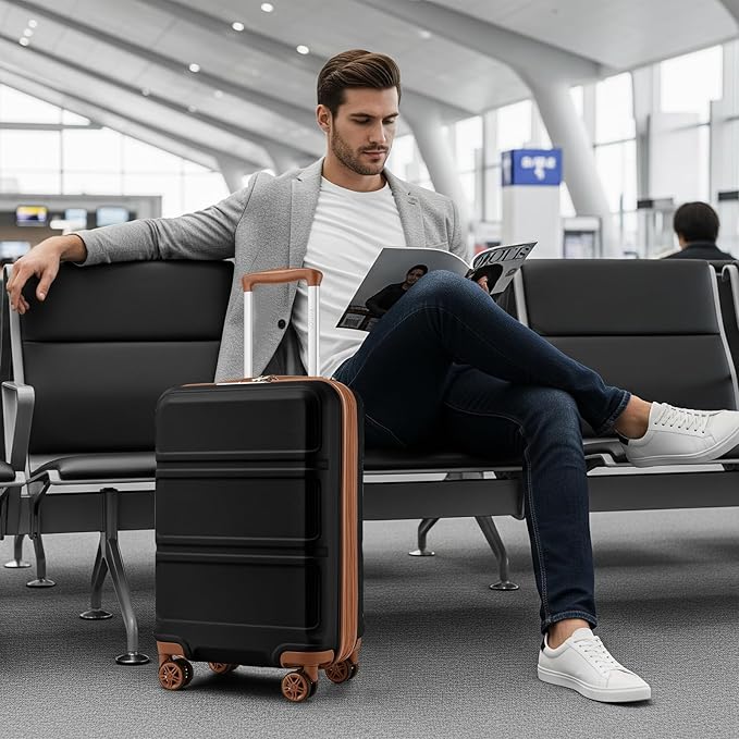 Kono 3 Piece Luggage Sets Expandable with Spinner Wheels TSA Lock Lightweight PC+ABS Hardside Travel Rolling Suitcases 20in 24in 28in Carry on Apricot Black