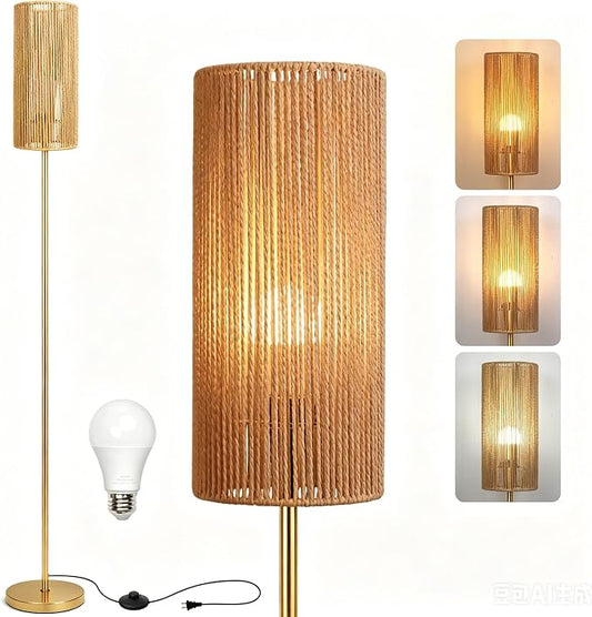 Ruiever Floor Lamp for Living Room,Farmhouse Floor lamp,Modern Standing lamp with Hand-Worked Rattan Shade (Straight Line Rattan Shade Gold Lamp- 3 Color Bulb)