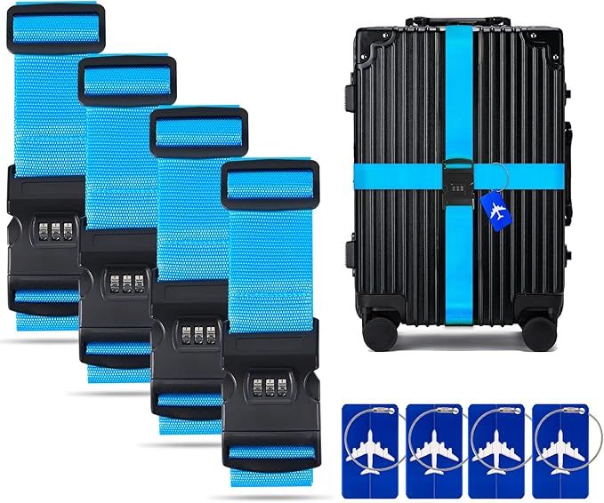 BILIONE 4 Pack Luggage Straps for Suitcases with Password Lock & Metal Tags, Adjustable Suitcase Belt & Travel Belt, Secure & Identify Luggage Connector Straps to Connect Two Bags 20-34 Inch (Blue)