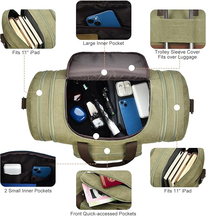 Litvyak Duffle Bag for Travel, Canvas Travel Duffel Bags Overnight Weekend Gym Carry On Luggage Bag for Men & Women (Army Green+Toiletry Bag, 50L)