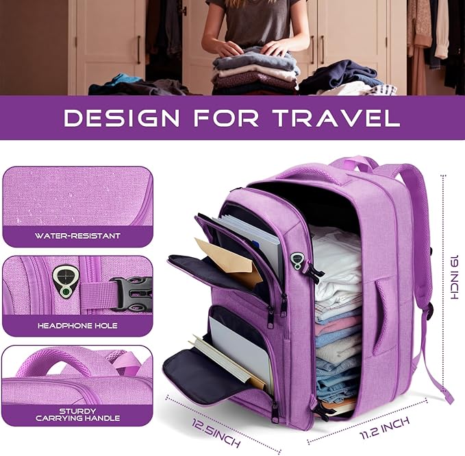 Travel Backpack for Women, Expanable Carry on Backpack, TSA 17.3 inch Laptop Bag Flight Approved, Lightweight Waterproof Business Luggage Bag, Travel Gifts for Women, Purple