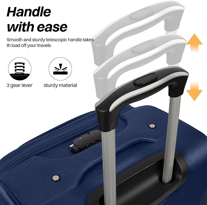 24'' Softside Expandable 15% Rolling Luggage with Double Spinner Wheels & w/LOCK,Lightweight Travel Luggage for Men Women（Navy-Grey,24in）