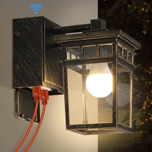 Outdoor Wall Lantern, Dusk to Dawn Porch Light with GFCI Outlet & LED Bulb | Waterproof Wall Sconce with Clear Glass Shade, Outside Exterior Lights for House Garage Front Door, Black with Brushed Gold
