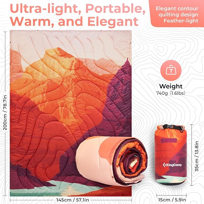 KingCamp Ultralight Camping Blanket, Packable Down Alternative Puffy Printed Wearable Blanket with Snap Buttons & Corner Loops Weatherproof Quilt for Outdoor Travel Stadium (78.7"L x 57.1"W, ORANGE)