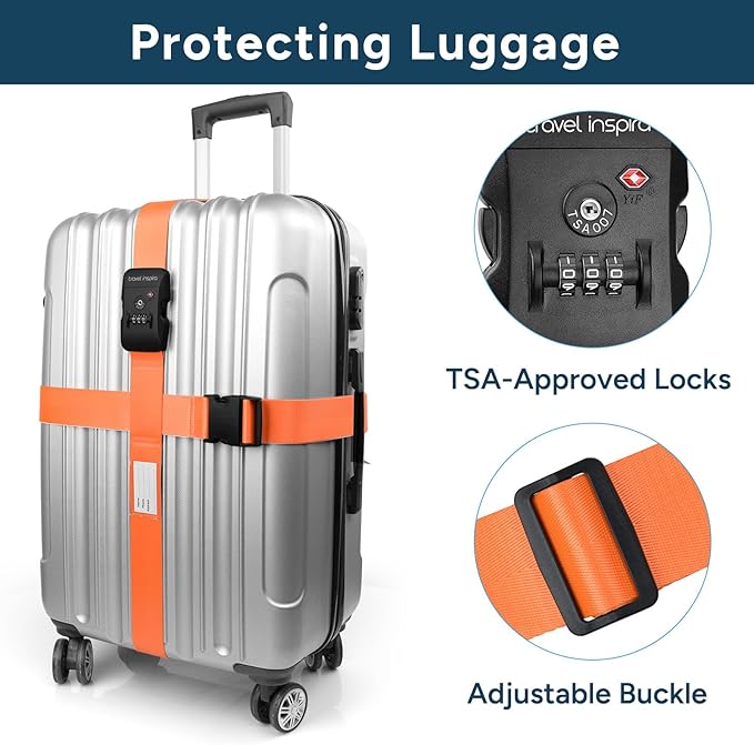 Travel Inspira Luggage Straps with TSA Lock, TSA Approved Suitcase Belt, Heavy Duty Adjustable Cross Design for Added Security, High-Visibility Orange Travel Accessory with ID Tag for 20-32" Bag