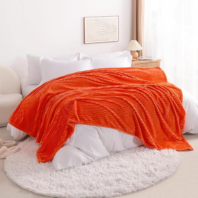 NTBAY Plush Flannel Twin Bed Blanket, 60X80 Inches Soft and Warm Lightweight Blanket with Striped Texture Bed Blanket for Couch Sofa Bed All Seasons, 60"x80", Orange