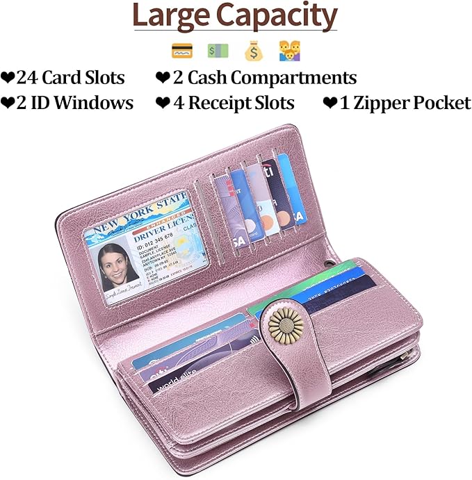 SENDEFN Wallets for Women Leather Credit Card Holder with RFID Blocking Large Capacity Wristlet | with RFID Blocking, Large Capacity, Wristlet, with RFID Blocking, Large Capacity, Wristlet
