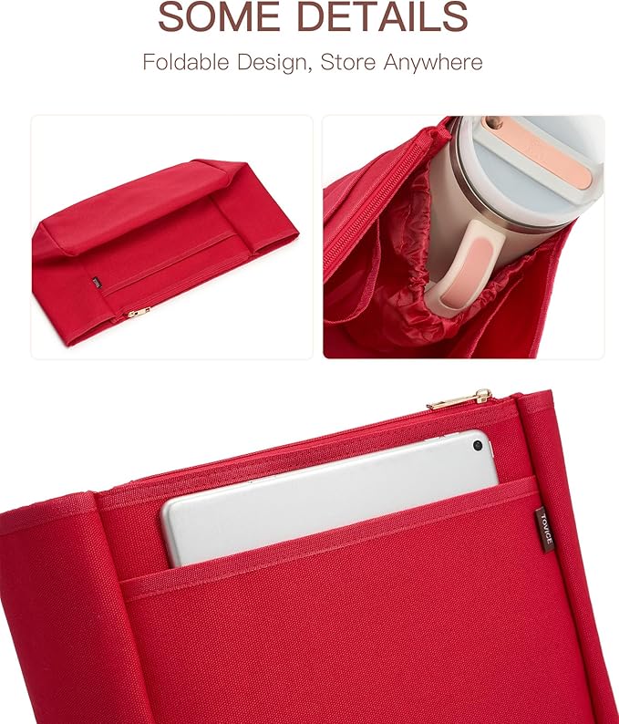 TOVICE Tote Bag Organizer Insert with Stanley Cup Holder and Zipper Bag, Compatible with Neverfull, Saint Louis and More, 9 Pockets (Red, Large)