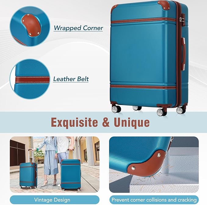 Merax 24 Inch Checked Luggage, Expandable Suitcase with Spinner Wheels, Hard Shell Vintage Luggage Set with TSA Lock(Blue)