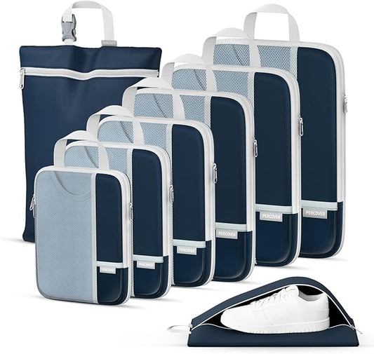 Percover Compression Packing Cubes 8-Piece Set, Packing Cubes Compression for Travel with Laundry Bag & Shoe Bag, Travel Organizer for Carry On & Checked Luggage, Navy Blue
