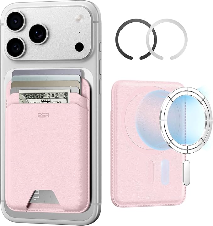 ESR for MagSafe Wallet, 5 Card Holder with RFID Blocking, MagSafe Sticker Included, Slim Magnetic Wallet for iPhone 17e/17/16/15/14/13/12 Series and Selected Samsung Devices, Not for 13/12 Mini, Pink