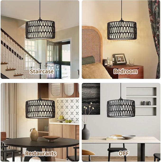 Plug in Pendant Light, Rattan Hanging Lights with Plug in Cord | Woven & Fabric 2 in 1 LampShade, Hanging Lamp Plug in for Bedroom Living Room Kitchen Island-Black (Bulb Included)