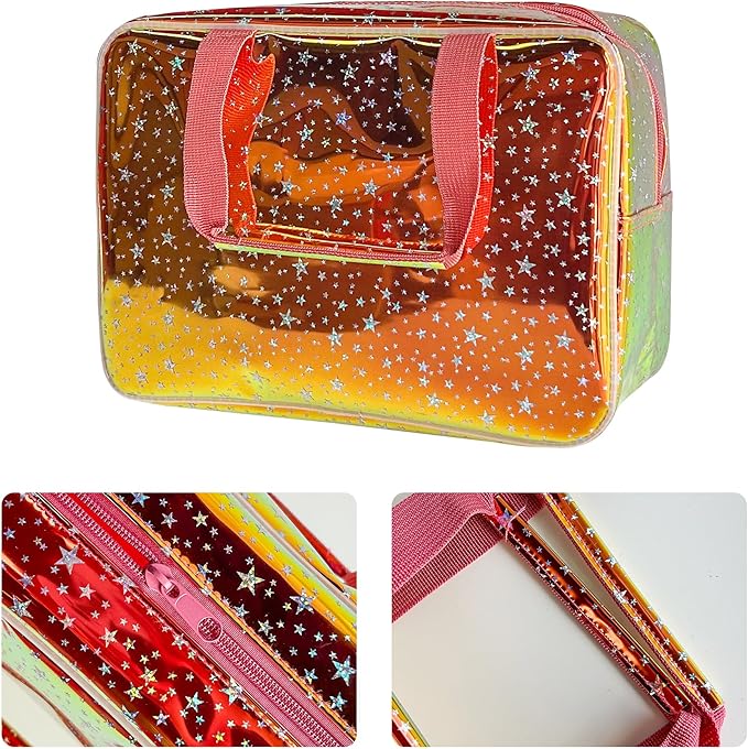 Holographic Brown Clear Star Large Cosmetic Bag and TPU Travel Pouch with Handle,Durable Material,Zipper Design-Ideal for Makeup,Travel Essentials 11.81x5.12x8.27inch (Brown)