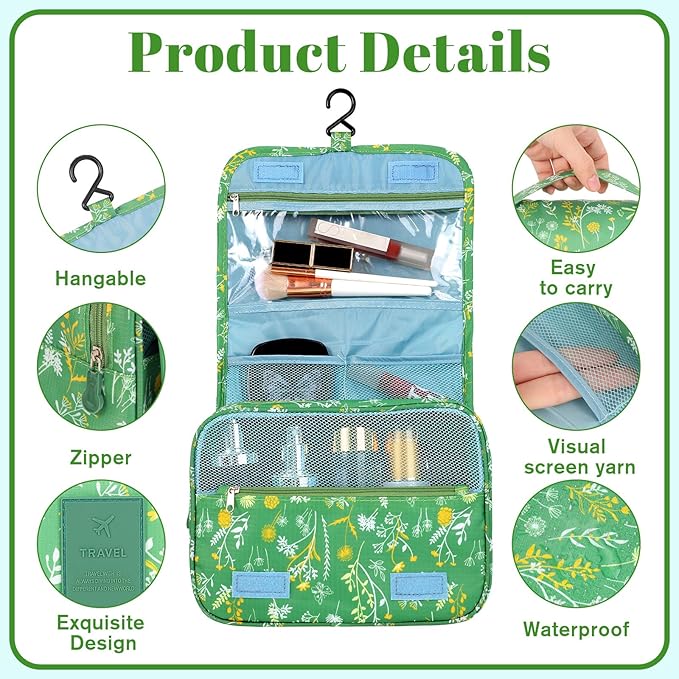 Pengxiaomei Hanging Toiletry Bag, Green Floral Waterproof Cosmetic Bag Portable Makeup Pouch Wash Bag with Handle for Kids Teen Girls Tea Party Spring Party Mothers Day Gifts