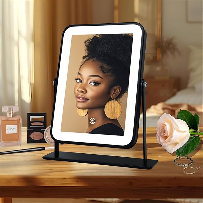 11"x9" Rechargeable Desktop Makeup Mirror with LED Lights, Adjustable Brightness Lighted Vanity Mirror, Tabletop Mirror for Bedroom, Gifts for Women with 3-Color Smart Touch Dimmable Lighting