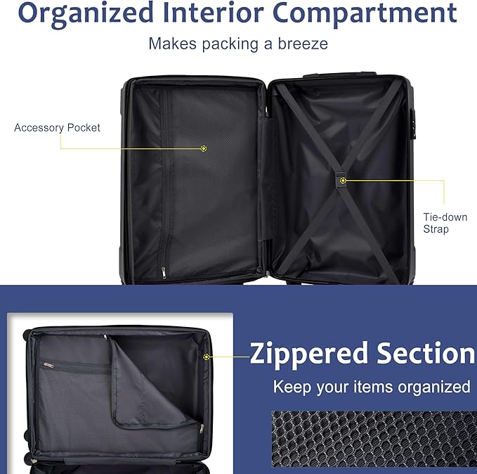 28 Inch Checked-Large Luggage, Lightweight ABS Hard Shell Suitcase with Spinner Wheels, Expandable Travel Luggage with Combination Lock & Side Hooks for Men Women (Blue., 28)