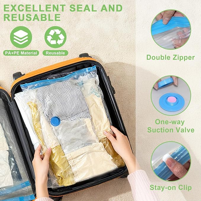 15 Pack Vacuum Seal Bags for Clothing Travel with -60000Pa USB Pump, Save 80% of Space for Clothes (15 Combo)