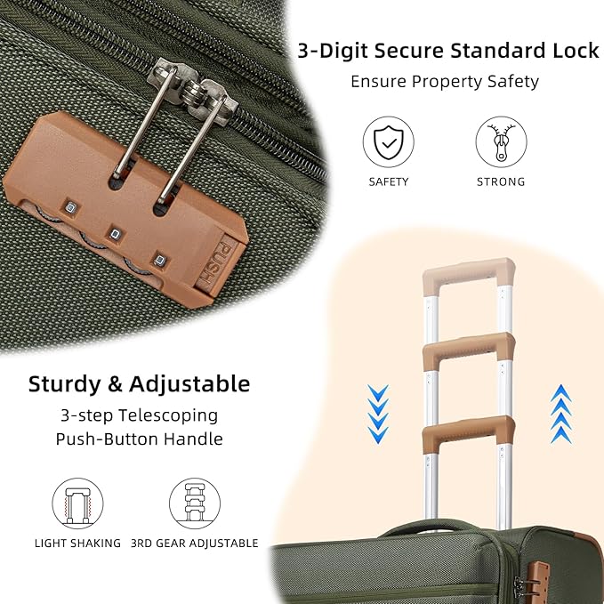Softshell Luggage Expandable 4 Piece Set (16/20/24/28 Inch) Suitcase Softside Lightweight Luggage Travel Set Elegant Suitcase (Army Green)