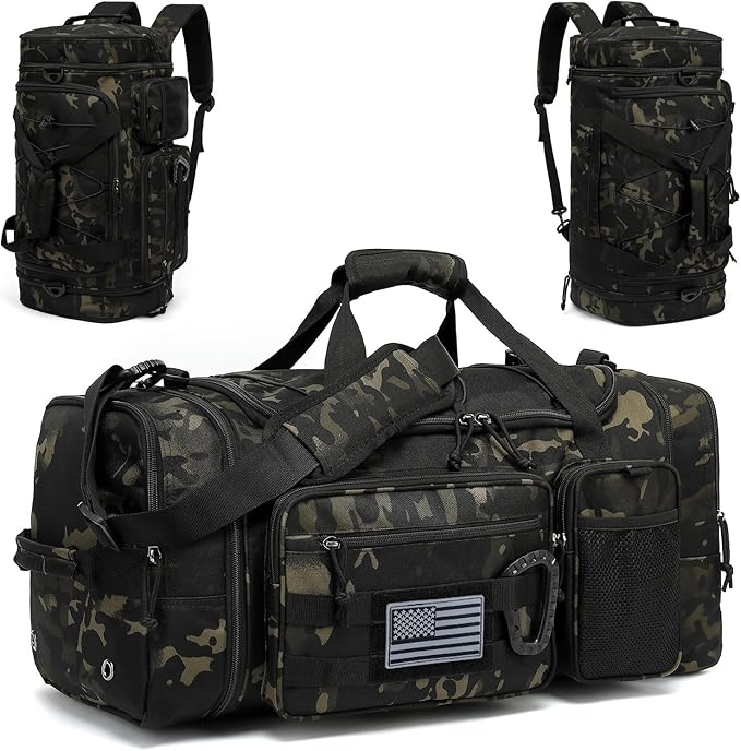3 in 1 Tactical Gym Bag Backpack for Men 40-45L Expandable Travel Duffle Bag for Women Large Military Sport Duffel Bags Weekend Overnight with Shoe Compartment & Wet Pocket for Fitness, Camo