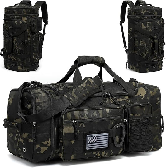 3 in 1 Tactical Gym Bag Backpack for Men 40-45L Expandable Travel Duffle Bag for Women Large Military Sport Duffel Bags Weekend Overnight with Shoe Compartment & Wet Pocket for Fitness, Camo