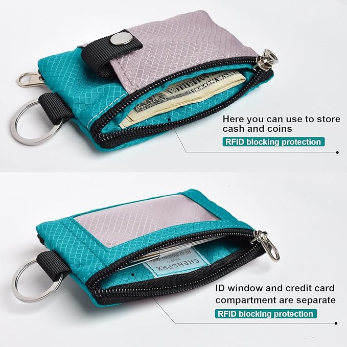CHENSPRX Minimalist RFID Blocking Small Wallet with ID Window,WaterResistant Zip Id Case Wallet with Lanyard Keychain for Cards,Cash,Travel,Women,Men